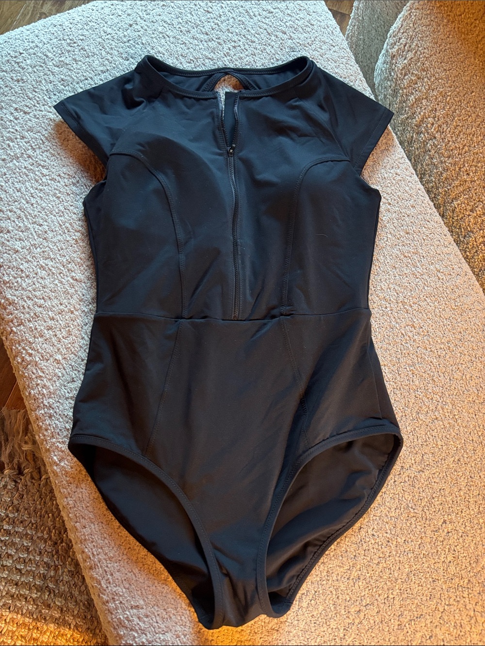 Athleta Black Zip-Front Cap-Sleeve One-Piece Swimsuit
